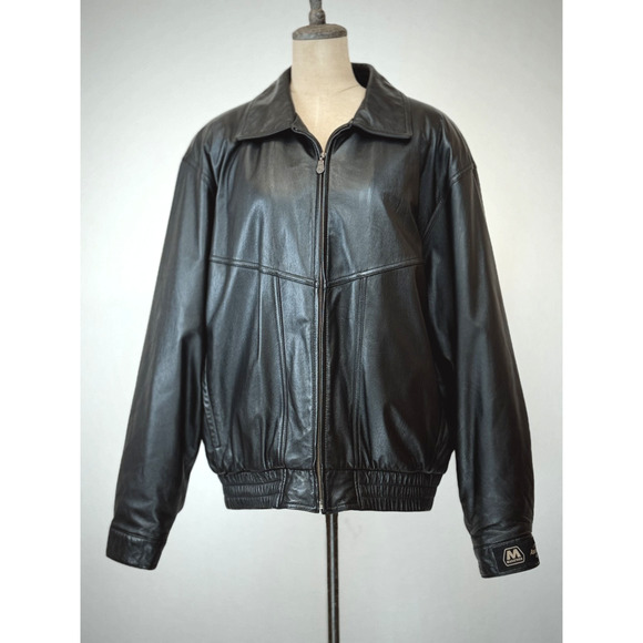 Roundtree and Yorke Black Leather Bomber Jacket Mens LARGE #1-0162